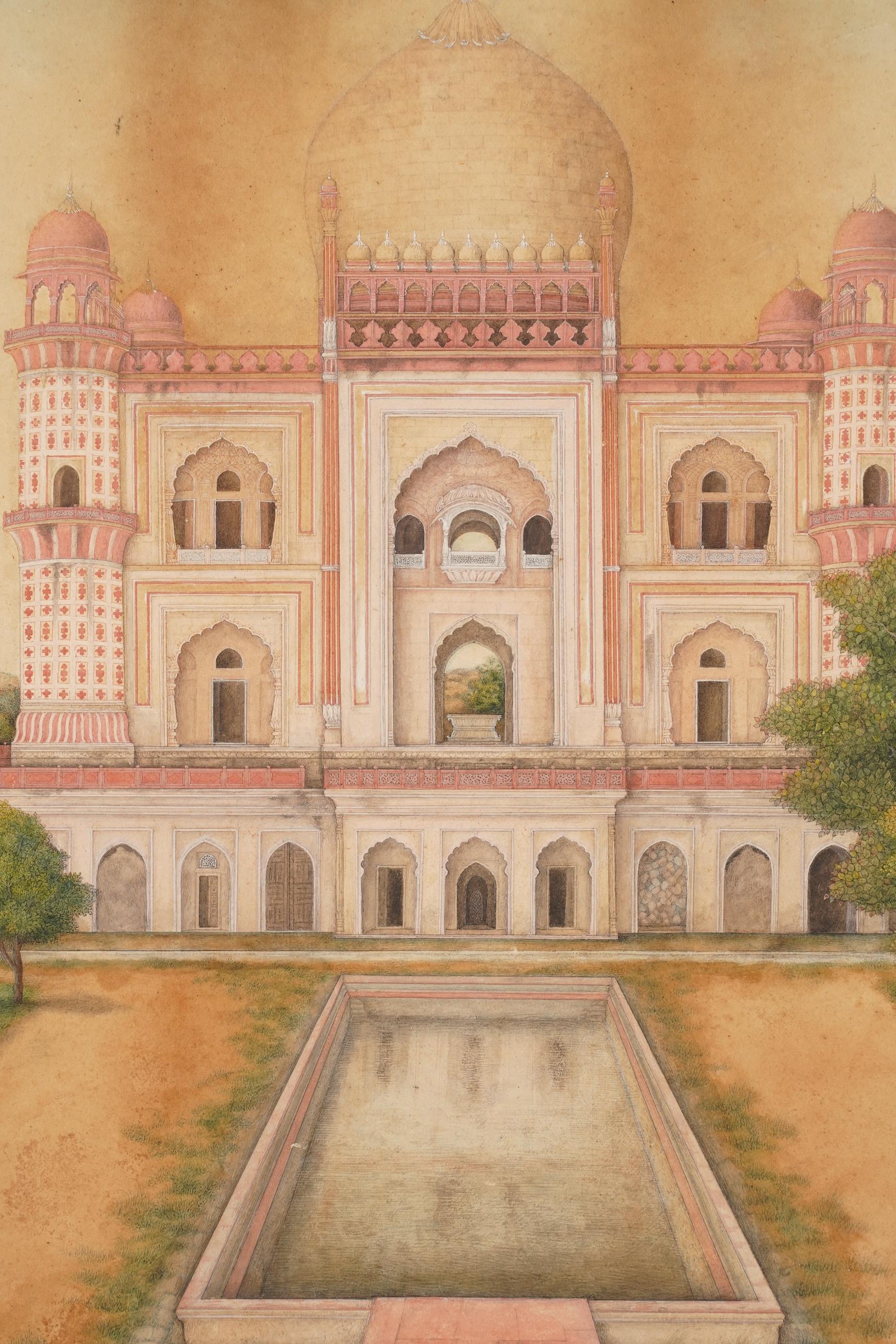 Indian School , (first half 19th century), Safdarjang's tomb, New Dehli, Gouache miniature painting, image 28cm x 56.2cm, staining
